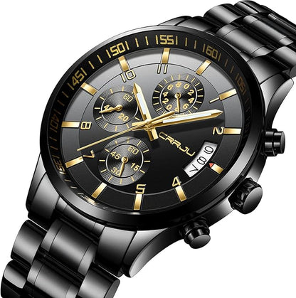 CRRJU Men's Fashion Stainless Steel Watches Date Waterproof Chronograph Wristwatches,Black Steel Band Waterproof Quartz Watch for Men