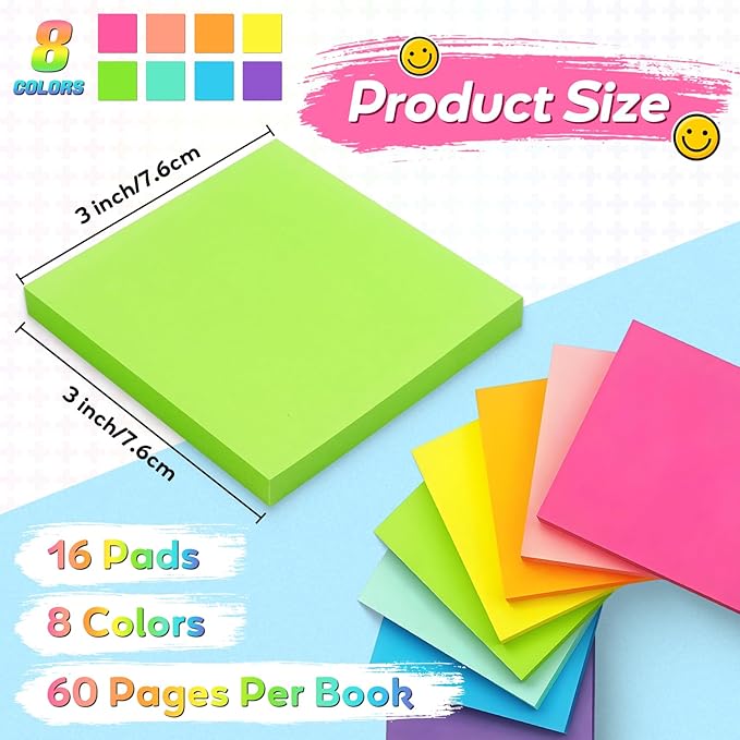 Sticky Notes 16 Pads, 3x3 Inch Self-Stick Notes with 8 Bright Colors, 60 Sheets/Pad, Strong Adhesive Memo Pads for Office, School, Home, Planner & Journal Supplies (960 Sheets Total)