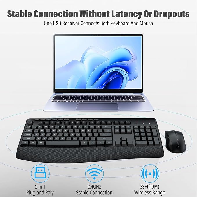 E-YOOSO Wireless Quiet Ergonomic Keyboard and Mouse Combo with Wrist Rest,Keycap Silent Design 90% Less Noise,2.4GHz 104 Keys Full Size,2400 DPI Mouse,for PC Computer/Laptop/Mac/Tablet,Black