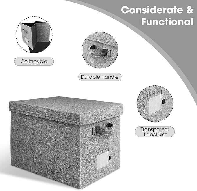 File Organizer Boxes with Lid, Linen Hanging File Storage Boxes with Handle, Collapsible Document Filling Boxes for Letter/Legal Folder, Portable File Box for Office/Decor/Home (4 Pack, Gery)