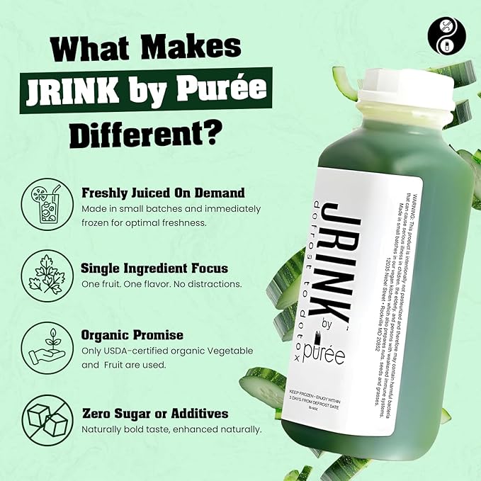 JRINK by Purée Organic Cucumber Juice, Cold Pressed Detox Drink, Healthy Cleanse with No Preservatives, Fresh Raw Juice in HDPE Bottles, Organic Fruit and Vegetable Cleanse Beverage, 16oz, Pack of 24