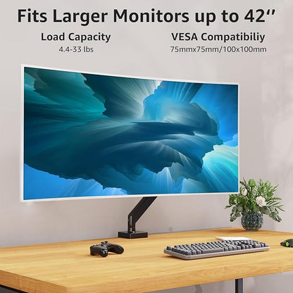 MOUNTUP Single Monitor Mount with USB Fits 49 42 40 35 34 32 27 24 inch Large Screen, Heavy Duty Monitor Arm, Gas Spring Monitors Stand for Desk, Holds 4.4-33 lbs, Ultrawide Monitors Arm, VESA Mount