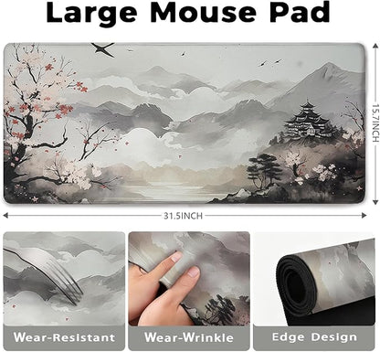 Cherry Blossom Patterns Desk Mat, Large Gaming Mouse Pad Non-Slip Rubber Base with Stitched Edges, Waterproof Protection for PC Laptop Home Office Desk Decor (31.5x15.7in)