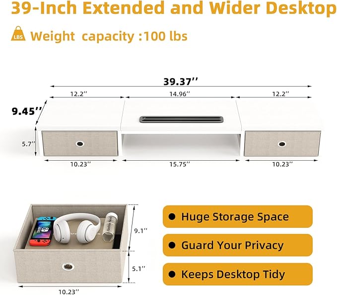 Dual Monitor Stand Riser with 2 Drawers - 39Inch Large Storage Computer Monitor Stands for 2 Monitors, Wooden Desktop Organizer Perfect for Home Office Desk, Computer, Laptop, TV, White