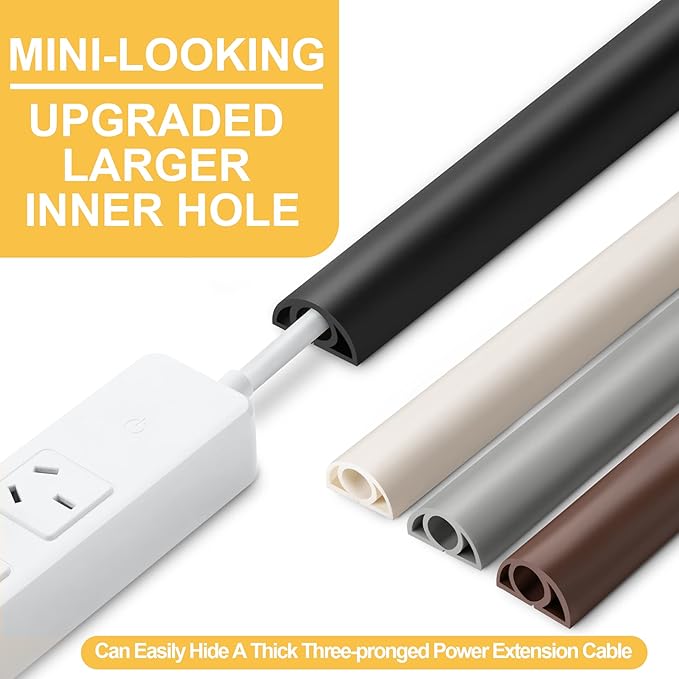 12ft Cord Cover Floor for Extension Cords, Self-Adhesive Floor Cable Cover to Protect Cables & Prevent Tripping, PVC Cord Hider Protector, Internal Wire Management Channel Diameter: 0.39", Grey