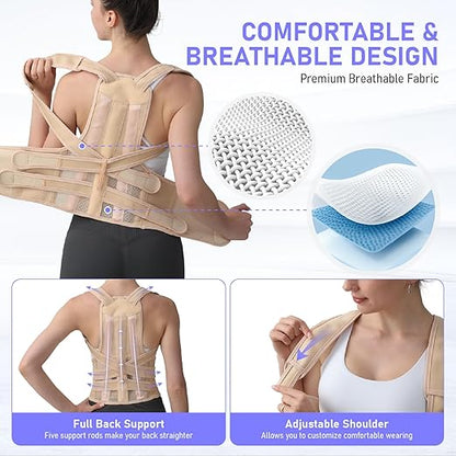 Posture Corrector for Women and Men, Back Brace with Full Back Support, Adjustable Shoulder Straightener for Upper & Lower Back Pain Relief, Scoliosis, Hunchback (Large, Beige)