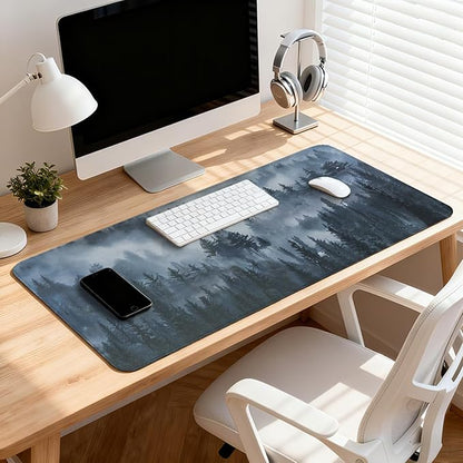 Grey Forest Patterns Desk Mat, Large Gaming Mouse Pad Non-Slip Rubber Base with Stitched Edges, Waterproof Protection for PC Laptop Home Office Desk Decor (35.4x15.7in)