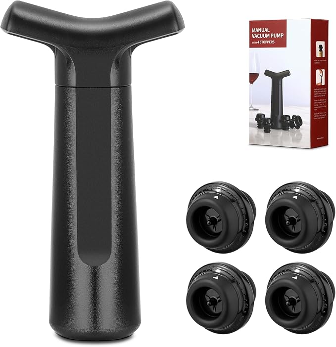 Wine Saver Vacuum Pump Set with 4 Reusable Wine Stoppers, Wine Bottle Preserver & Sealer, Keeps Wine Fresh Longer, Ergonomic Handle, Ideal Gift for Wine Lovers