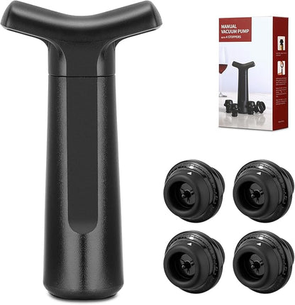 Wine Saver Vacuum Pump Set with 4 Reusable Wine Stoppers, Wine Bottle Preserver & Sealer, Keeps Wine Fresh Longer, Ergonomic Handle, Ideal Gift for Wine Lovers