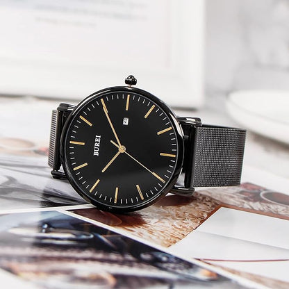 BUREI Men Watches Brown Leather Fashion Minimalist Wrist Watch Simple Ultra Thin Waterproof Quartz Watches All Black Stainless Steel Mesh Band,Gift for Men Women