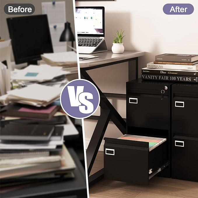2 Drawer Metal File Cabinet with Lock, Black Locked Filing Cabinets, Vertical Small File Cabinet with Key, Under Desk Filing Cabinets for Home Office