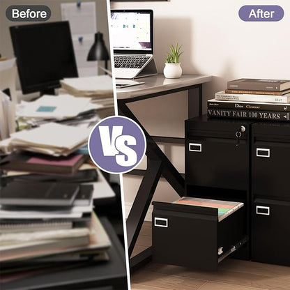 2 Drawer Metal File Cabinet with Lock, Black Locked Filing Cabinets, Vertical Small File Cabinet with Key, Under Desk Filing Cabinets for Home Office