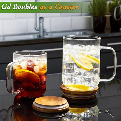 DRASTAR Glass Coffee Cups,12 oz Clear Coffee Mugs with Acacia Wood Lid,Flat Bottomed Coffee Mug with Handles,Tea Cup Set of 2