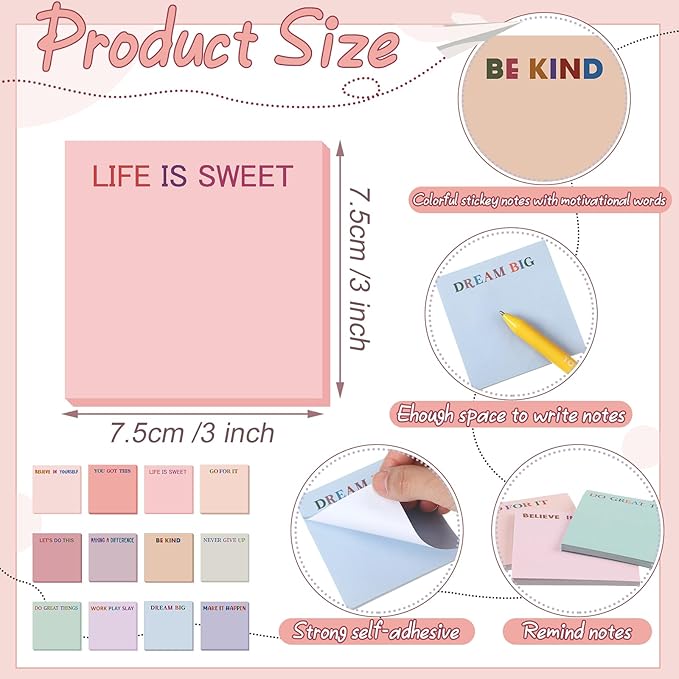 Yinder 24 Pcs Inspirational Sticky Notes Christmas Stocking Stuffers Motivational Sticky Notes Pad Employee Appreciation Gift Bulk for Teacher Nurse Coworker Office 3 x 3'' (Inspirational,Aesthetics)