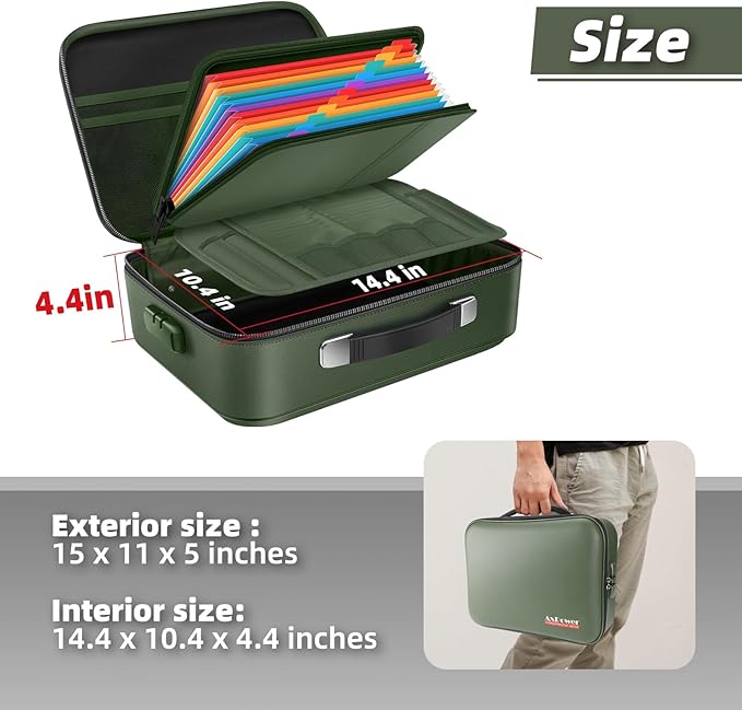 Fireproof Document Box Hard Case With Lock, Multi-Layer Fire Proof Water Resistant Safe Box File Organizer Bag With Small Money Bag for Important Documents Passport Certificates Laptop (Green)