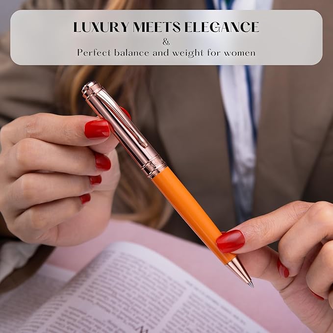 Luxury Gel Pen, Top Set With 8mm Brilliant Diamond,Bright Orange Pen Lacquer,Rose Real Gold Finish, Black Refill,Elegant Gift Pen For Women, Unique, Office,Nice Designer Pens