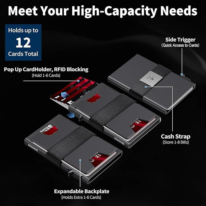 Slim Aluminum Card Holder Wallet for Men, Durable Expandable Backplate, RFID Blocking Minimalist Metal Pop Up Wallet, Holds 12+ Cards Plus Cash (Black)