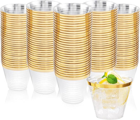 Nervure 120PCS Gold Plastic Cups - 9Oz Gold Rimmed Plastic Cups - Heavy Duty Disposable Clear Cup with Gold Rim Perfect for Weddings, Receptions & Parties