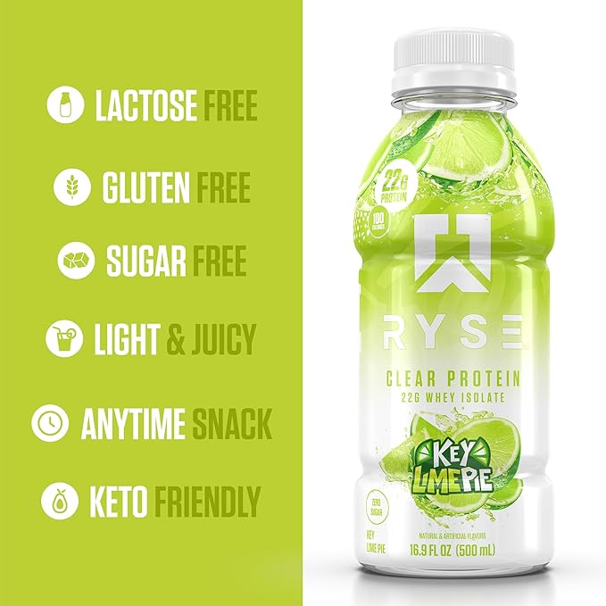RYSE Clear Protein Drink - Key Lime Pie - 100 Calories, 22g Whey Isolate Protein Shake, Sugar-Free, 0g Fat & Lactose-Free - Refreshing Ready-to-Drink Beverage - 16.9 fl oz Bottles (12-Pack)