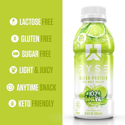 RYSE Clear Protein Drink - Key Lime Pie - 100 Calories, 22g Whey Isolate Protein Shake, Sugar-Free, 0g Fat & Lactose-Free - Refreshing Ready-to-Drink Beverage - 16.9 fl oz Bottles (12-Pack)