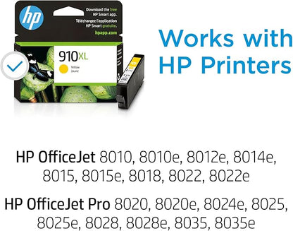 HP 910XL Yellow High-yield Ink Cartridge for HP Printers | Works with Printer Series: OfficeJet 8010, 8020, Pro 8020, 8030 | Eligible for Instant Ink | 3YL64AN