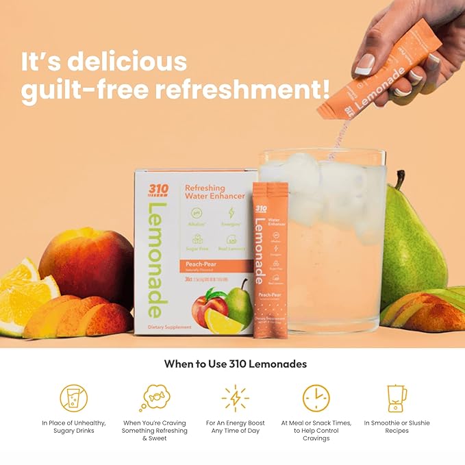 310 Nutrition Sugar-Free Lemonade Water Flavoring Packets, Peach Pear Hydration Powder with Alkalizing Minerals, Low-Calorie Water Enhancer for Energy & Refreshment, 30 Singles, Made in The USA