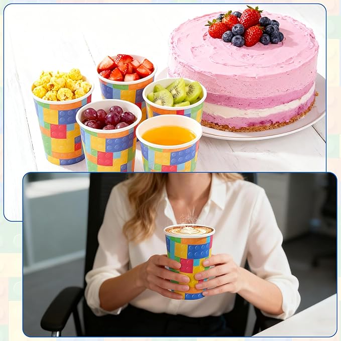 8 oz 50 Pack Disposable Paper Coffee Cups, Disposable Paper Cups for Cold and Hot Drinks, Leak-Proof Drinking Cups for Office, Party, Home, Picnic, Travel and Events (Colored Blocks)