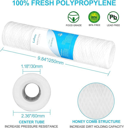 20 Micron 10" x 2.5" String Wound Sediment Water Filter Cartridge,5 Pack,Whole House Sediment Filtration, Universal Replacement for Most 10 inch RO Unit