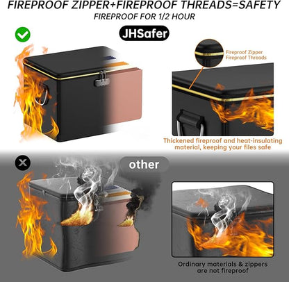 Fireproof Document Box with Fireproof Zipper,Hard Case Fireproof File Box with Lock,Insulated Non-Foldable Fireproof File Cabinet Large Portable Home Office File Organizer for Hanging Letter Folders