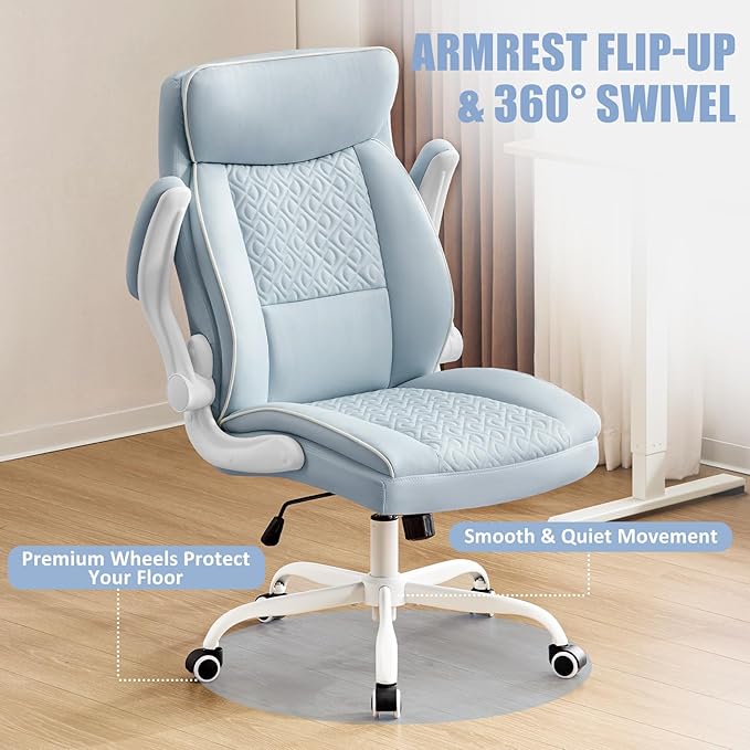 Executive Office Chair, Computer Desk Chair with Lumbar Support,Comfortable Leather Home Office Chairs 400lbs with Padded Flip-up Armrests, Adjustable Height, LightBlue