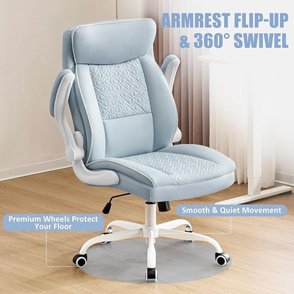 Executive Office Chair, Computer Desk Chair with Lumbar Support,Comfortable Leather Home Office Chairs 400lbs with Padded Flip-up Armrests, Adjustable Height, LightBlue