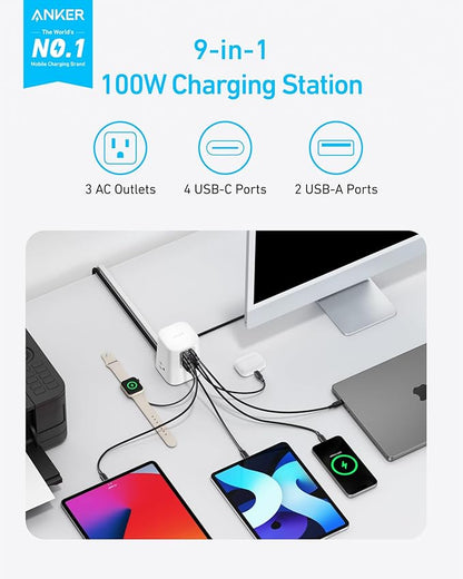 Anker Desktop Charger, 9-in-1 Power Strip with 300J Surge Protector, 5ft Flat Plug Extension Cord with Multiple Devices, 100W USB C Charger with 3 AC, 2 USB A, 4 USB C, Home Office, Desk Accessories