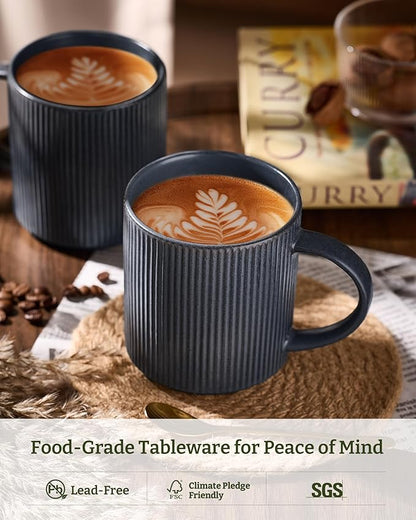 famiware Coffee Mug Set for 6, Star 16 oz Catering Mugs Cup Set with Handle for Coffee, Tea, Cocoa, Milk - Ceramic Stoneware Drinkware Set, Matte Dark Charcoal