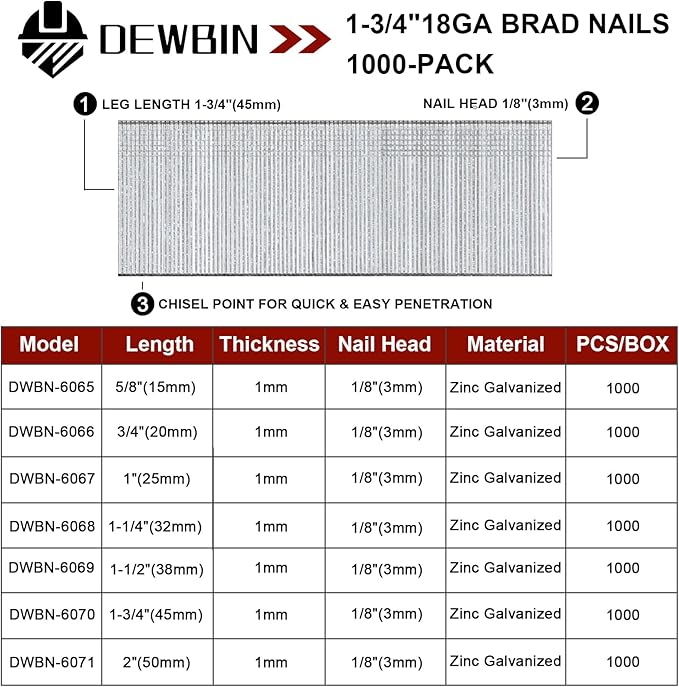 18 Gauge Brad Nails, 1000 Counts 1-3/4-inch 18 GA Brad Nails, Galvanized Nails for Nail Gun, Finishing Nail Gun Nails for Pneumatic, Electric Brad Nailer Gun