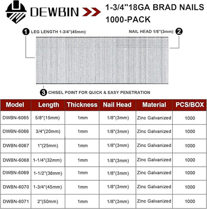 18 Gauge Brad Nails, 1000 Counts 1-3/4-inch 18 GA Brad Nails, Galvanized Nails for Nail Gun, Finishing Nail Gun Nails for Pneumatic, Electric Brad Nailer Gun