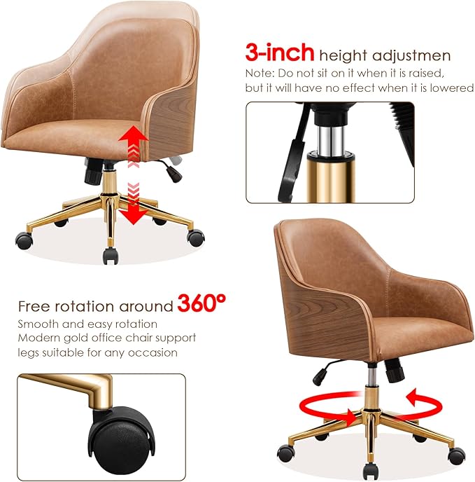Genuine Leather Office Desk Chair, Adjustable Height Small Modern Comfortable Walnut Vanity Chair, Gold Legs Mid Back 360 Swivel for Home Office, Bedroom, Study, Meeting Room(Vintage Brown)