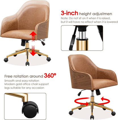 Genuine Leather Office Desk Chair, Adjustable Height Small Modern Comfortable Walnut Vanity Chair, Gold Legs Mid Back 360 Swivel for Home Office, Bedroom, Study, Meeting Room(Vintage Brown)