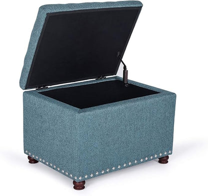 Adeco Rectangular Storage Ottoman Foot Rest Stool, Fabric Button Tufted Storage Ottoman with Hinged Lid (Cyan)