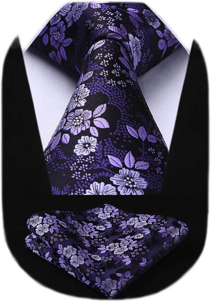 HISDERN Men Floral Ties Woven Classic 3.4" Necktie Set Formal Tie Pocket Square for Wedding with Handkerchief Gift Box