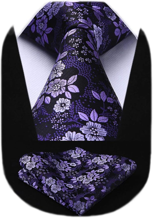 HISDERN Men Floral Ties Woven Classic 3.4" Necktie Set Formal Tie Pocket Square for Wedding with Handkerchief Gift Box