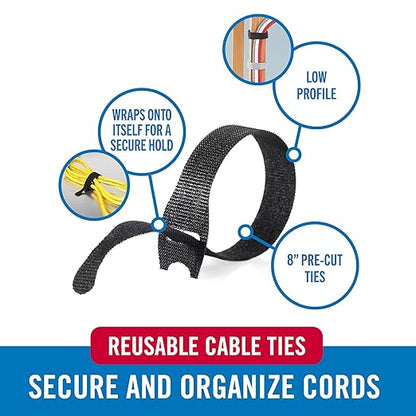 VELCRO Brand 150pk Cable Ties Value Pack | Replace Zip Ties with Reusable Straps, Reduce Waste | For Wire Management and Cord Organizer | 8 x 1/2" Thin Pre-Cut Design, Black and Gray
