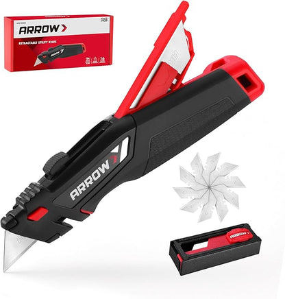 ARROW Retractable Utility Knife, Quick-Change Box Cutter with Blade Storage Design, Twine Cutter, Heavy Duty Aluminum Razor Knife with TPE Comfortable Handle, 15 Extra Blades Included