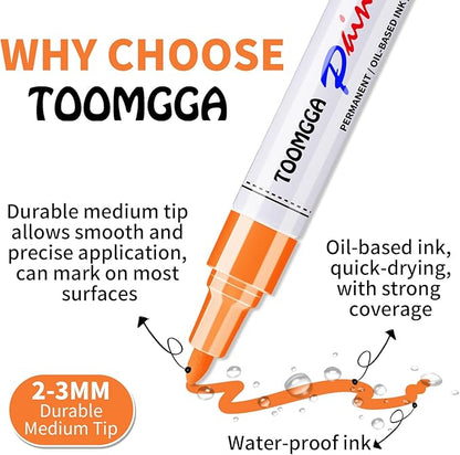 Orange Permanent Paint Pens - 12 Pack Oil Based Paint Markers, Pens For Rock Painting Car Tyre Metal, Plastic, Canvas, Mugs, Wood, Glass, Quick Drying and Waterproof, Medium Point