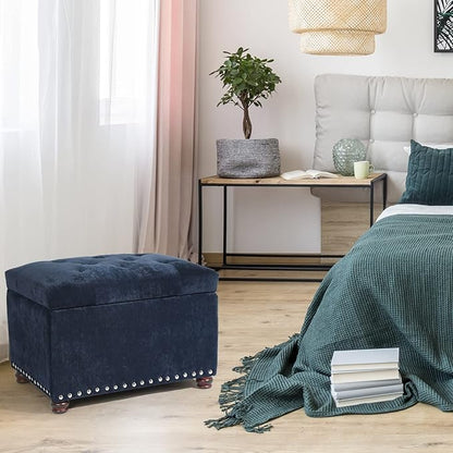 Adeco High End Classy Tufted Accents Rectangular Storage Bench Ottoman Footstool, Blue 24" * 17.5" * 17.7"