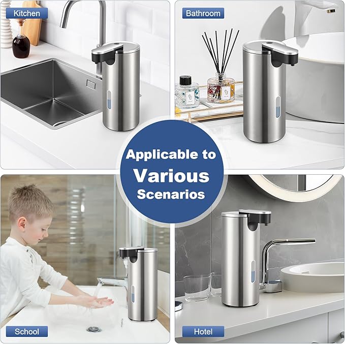 2 Pack Automatic Soap Dispenser Touchless, Stainless Steel Motion Sensor Pump 12oz - Hands-Free for Kitchen Bathroom Sink, Waterproof (Silver)