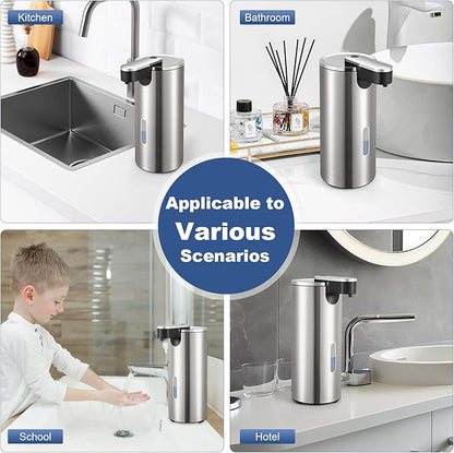2 Pack Automatic Soap Dispenser Touchless, Stainless Steel Motion Sensor Pump 12oz - Hands-Free for Kitchen Bathroom Sink, Waterproof (Silver)