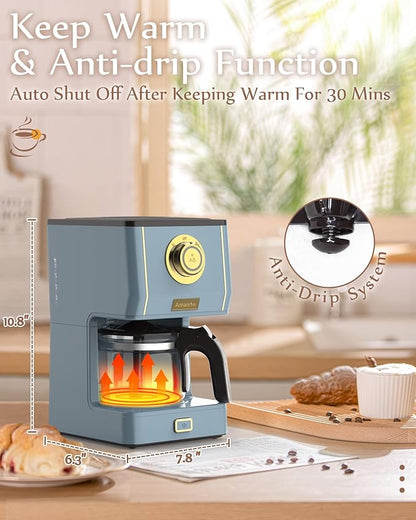 Amaste Coffee Maker, 5 Cup Coffee Pot with Three Brewing Modes, Retro Coffee Maker with Glass Carafe & Reusable Coffee Filter, Drip Coffee Maker Ideal for Home or Office, Keep Warm, Ash Blue