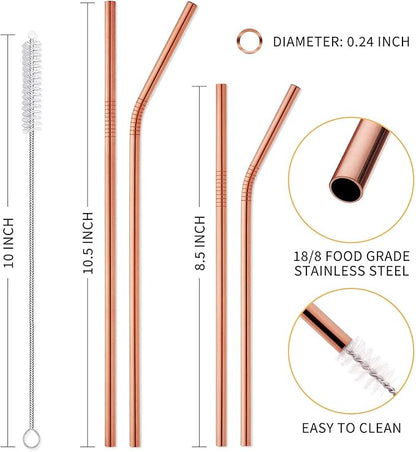 Hiware 12-Pack Rose Gold Metal Straws Reusable with Case - Stainless Steel Drinking Straws for 30oz and 20oz Tumblers Dishwasher Safe, 2 Brushes Included