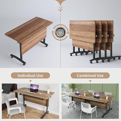 Folding Conference Room Table, Modern Conference Tables with Wheels, Large Rectangular Mobile Training Tables for Office Classroom, Foldable Modular Boardroom Seminar Table （8PCS 63in）