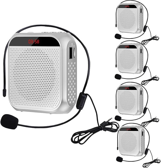 Portable Voice Amplifier for Teachers,Rechargeable Portable Microphone with Speaker,Wired Microphone,Pa System for Outdoors, Teaching, Meeting, Tour Guide, Yoga(5PCS,White)